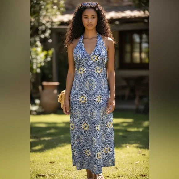 TOMMY HILFIGER  Blue and Yellow paisley Backless Dress size 4 - Picture 2 of 14